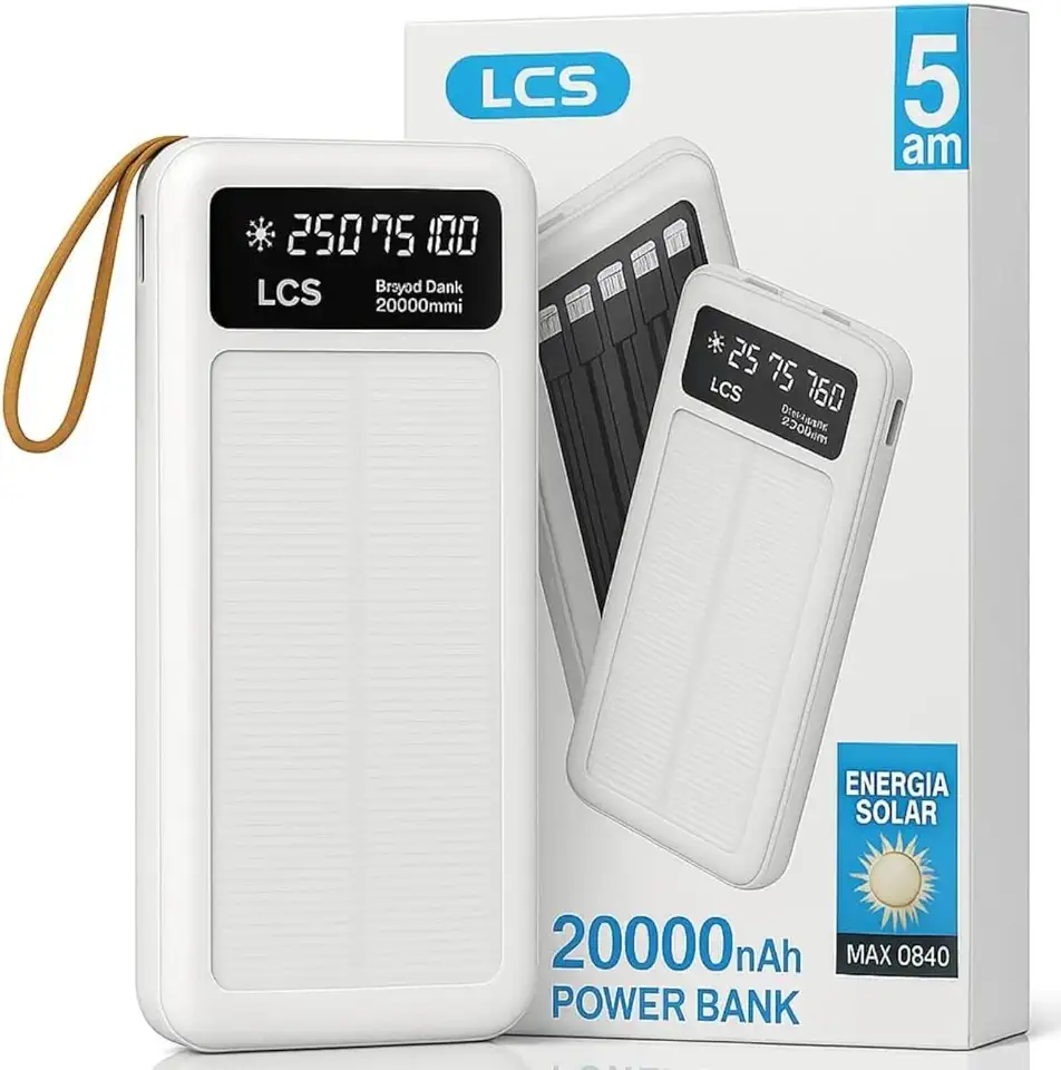 Carregador Solar Portátil Power Bank 20000Mah Painel Solar - Com Cabos Embutidos Display Digital Ideal Para Viagens E Camping (BRANCO)