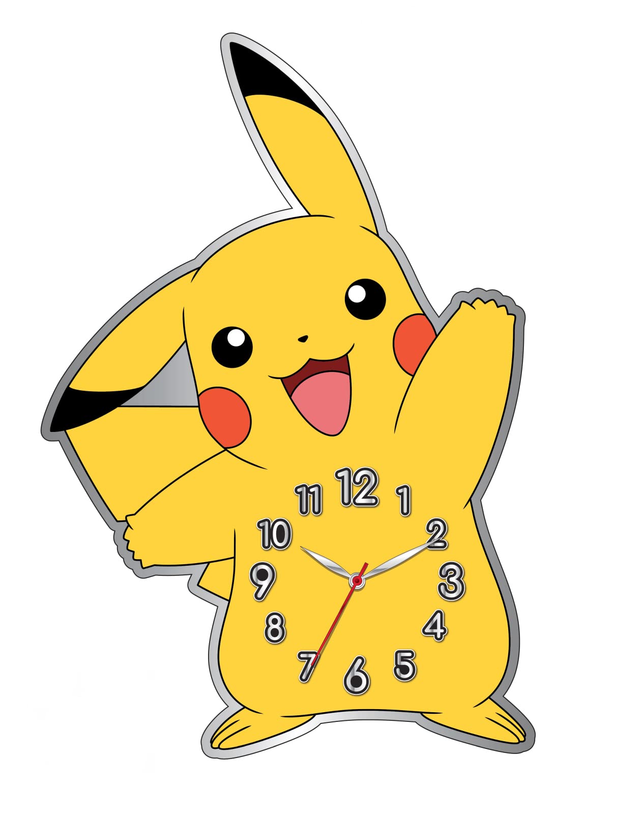 Accutime POK3170 Orologio da parete in metallo per bambini, design Pokémon, orologio analogico Pikachu, decorazione per la cameretta dei bambini, orologio al quarzo alimentato a batteria, orologio per
