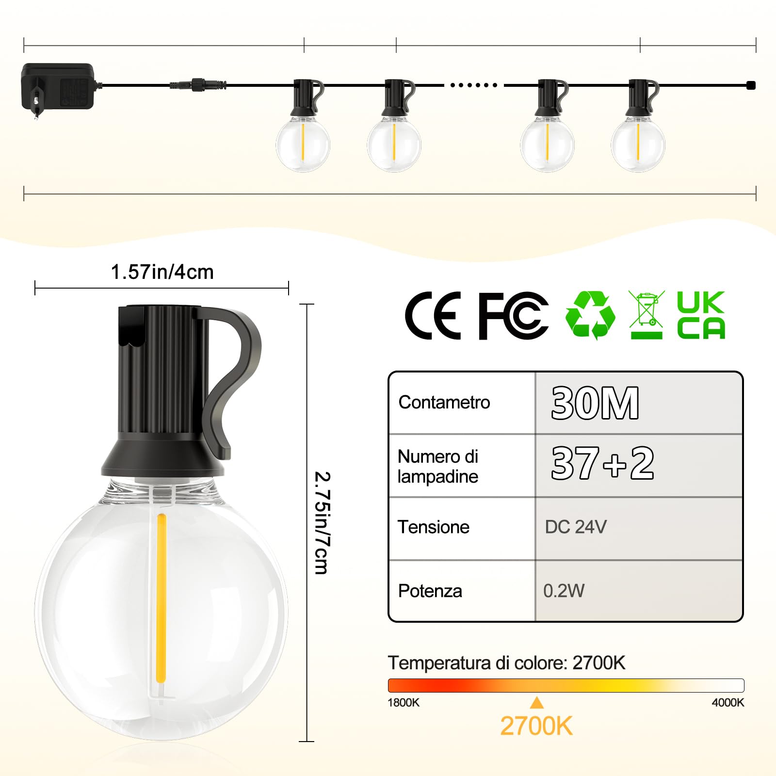 30 Metri Esterno Luci Giardino Catena - LED Lampadine Luminosa Gazebo Filo Illuminazione Balcone Lucine Terrazzo Luce Lampade Fila Interno Corrente Ghirlanda Serie Campeggio Outdoor Decorative Feste