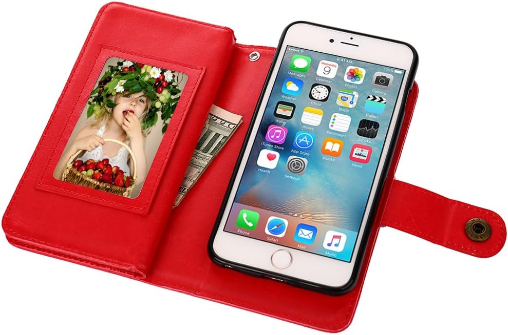TabPow iPhone 6S Case, iPhone 6 Case, [Wallet Case] 9 Card Holder [Detachable Wallet Folio] PU Leather Flip Case Cover for iPhone 6 / iPhone 6S (4.7 inch) (Red)