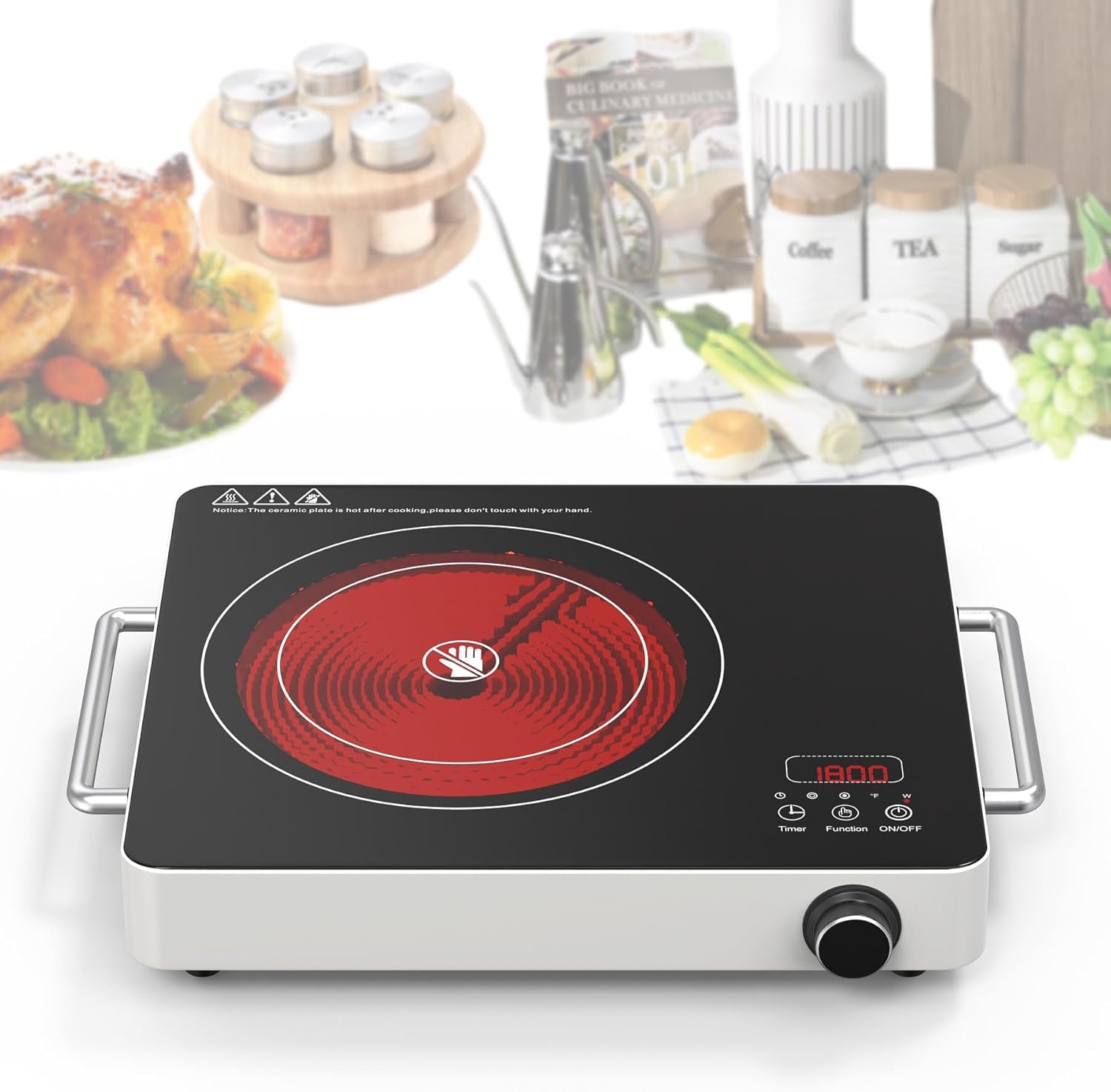 VBGK Cerankochfeld 1 Platte 220V Touch Knopf Elektrokochfeld 2000W Einzelnes Keramikkochfeld 10 Leistungsstufen Kindersicherung Timer