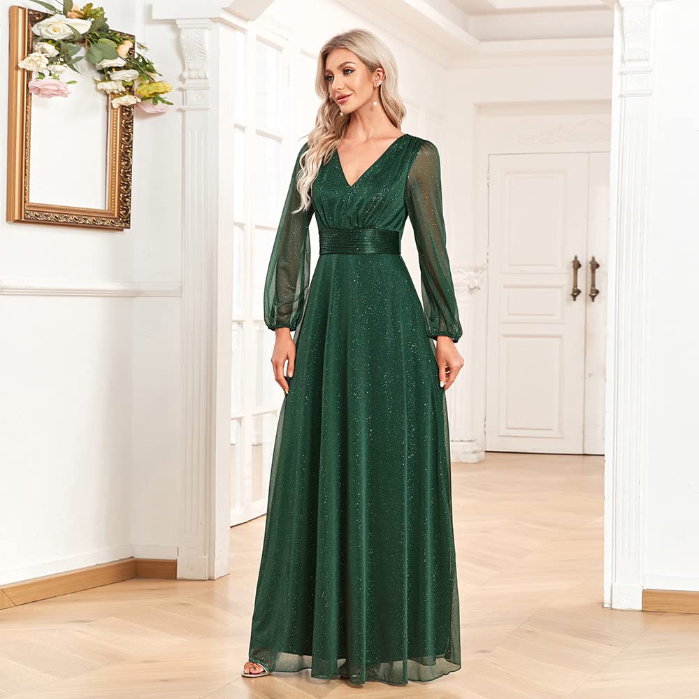 Vestido de noche para mujer, cuello en V, lentejuelas, manga larga, línea A, elegante, de gasa, vestido de fiesta, vestido de cóctel, vestido de otoño, corte ajustado, con cinturón, vestido de baile,