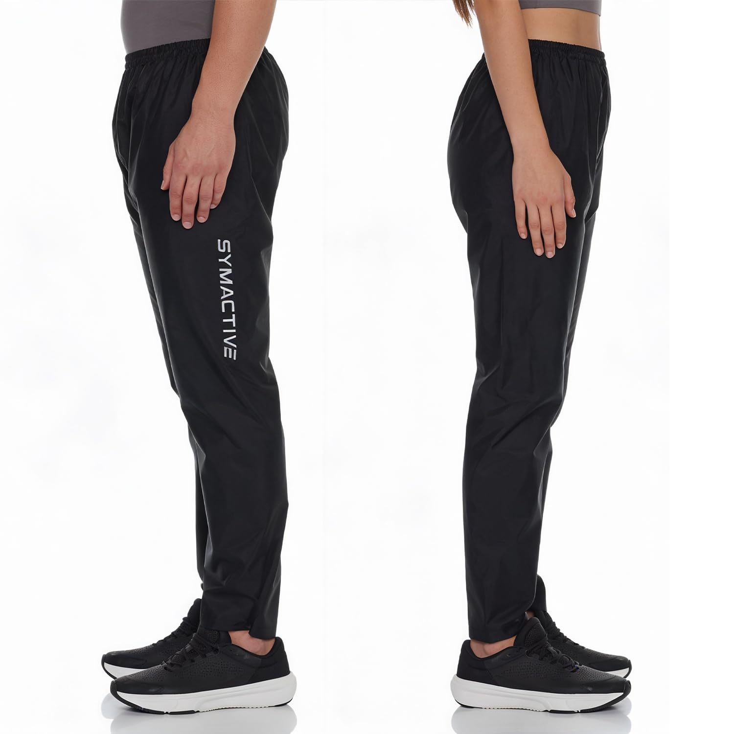 Amazon Brand - Symactive Waterproof Raincoat Pant for Men and Women | Polyester Shell with PVC Coating and Lining | Crotch Gusset | Velcro Hem | Reflective Branding | Black, XL