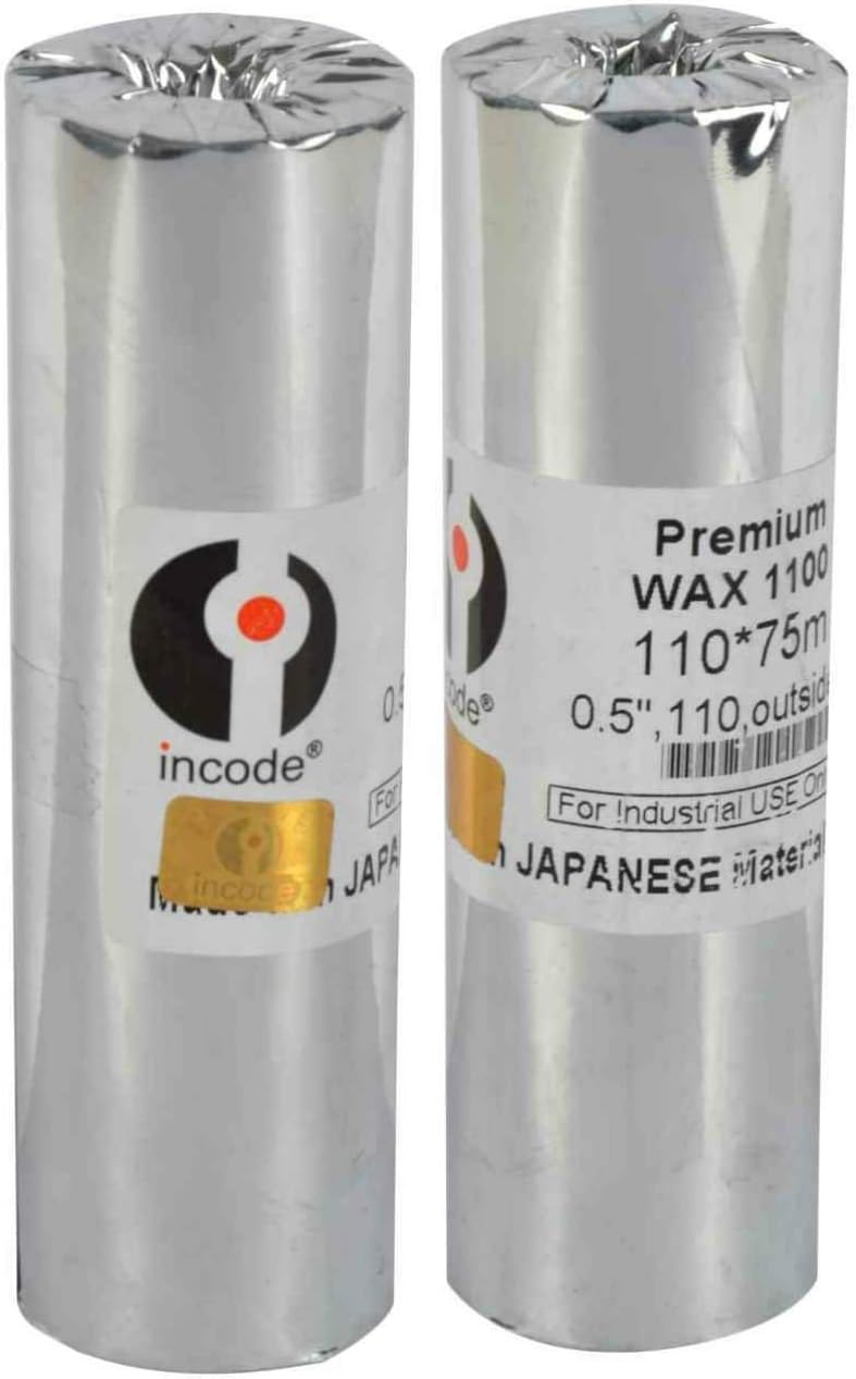 0.5-inch Core Wax Thermal Transfer Ribbon for Desktop Barcode Printer Zebra, Sato, Argox, Datamax, Intermac - 110mm x 75m - Pack of 2