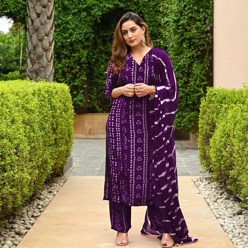Image of ANNI Designer Women's Rayon Blend Straight Bandhej Printed Kurta with Pant & Dupatta