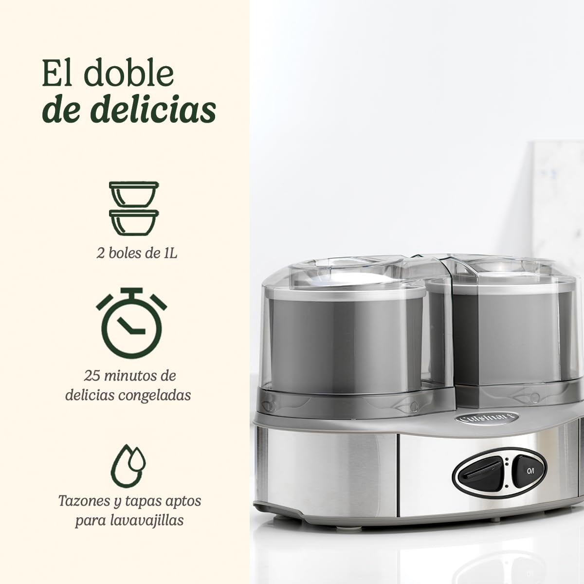 Cuisinart ICE40BCE Heladera Doble 2 L, Dos sabores al Mismo Tiempo, Helados cremosos, Sorbetes y Yogur Helado en Solo 25 Minutos, Automático, 50 W, 2 litros, Acero Inoxidable