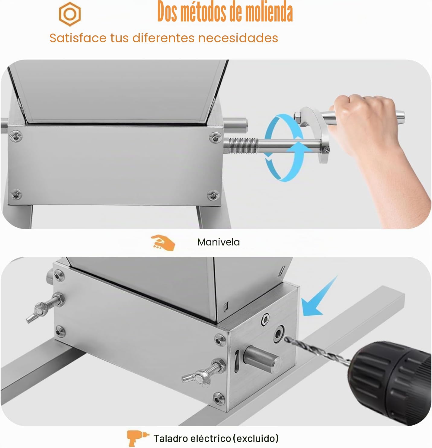 Molino de malta moderno de 4 l - Prensa de cereales manual - Acero inoxidable con rodillo ajustable - Rompecabezas con dos modos de funcionamiento - Ideal para moler granos en casa