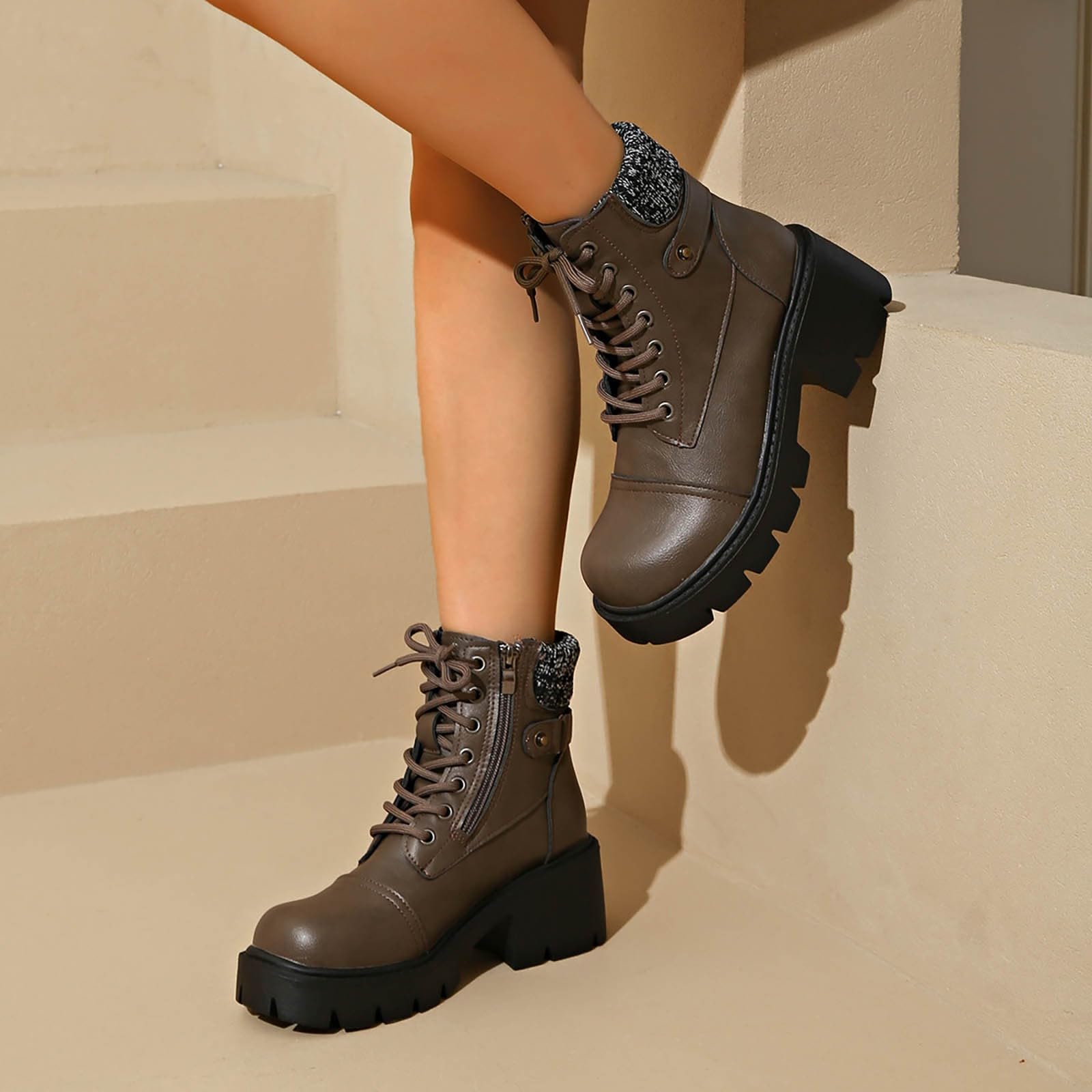 Genérico Botines Mujer Vestir con Cordones Plataforma Botas Punta Redonda Elegantes Zapatos Comodas Ligeros Caminar Bota Informales Antideslizantes Botin para Otoño Invierno Días Fríos y Uso Diario