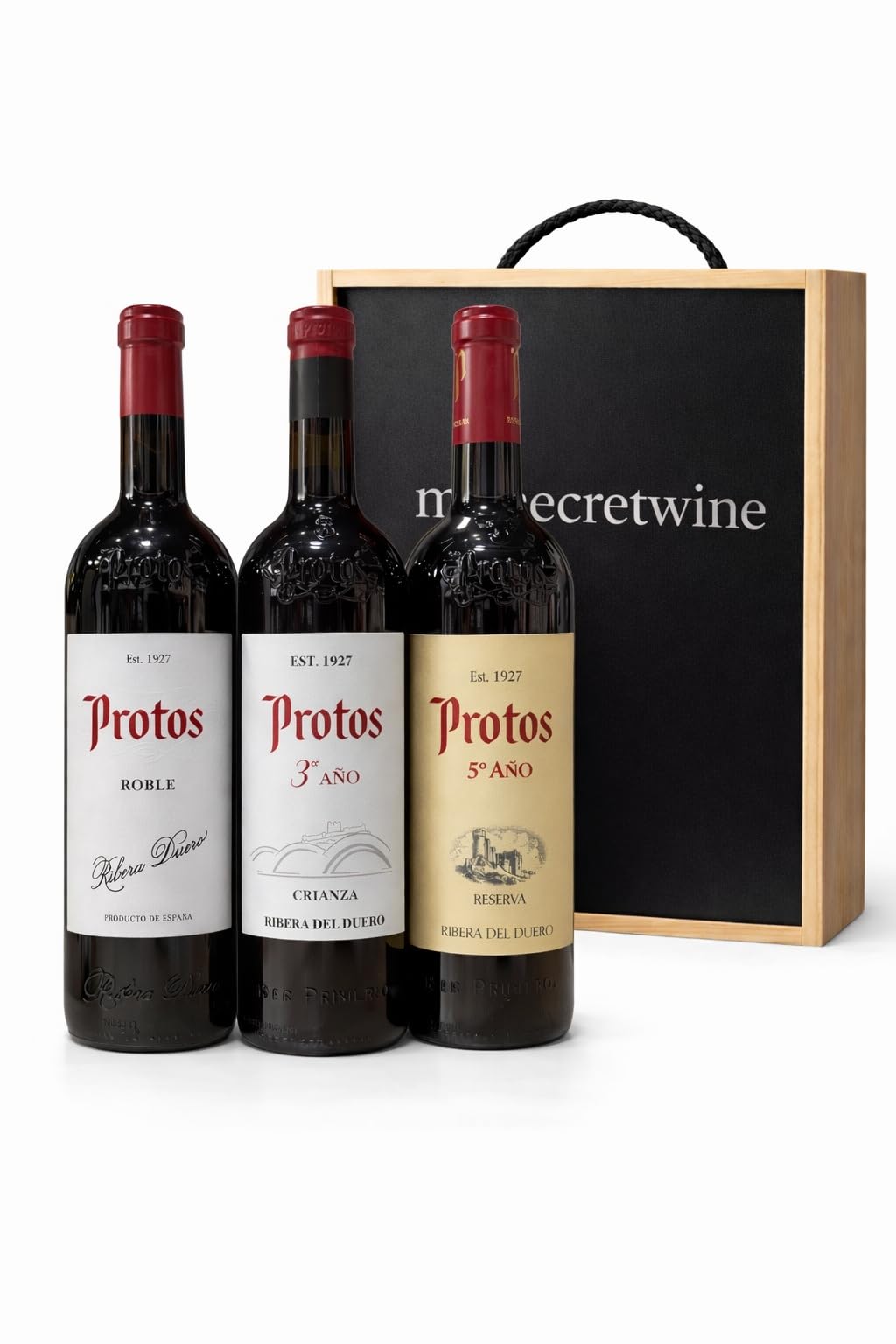 Pack Vinos Bodegas Protos Ribera del Duero – 3 Botellas: Roble, Crianza y Reserva con Caja de Madera – Selección Premium de Ribera del Duero -MYSECRETWINE-