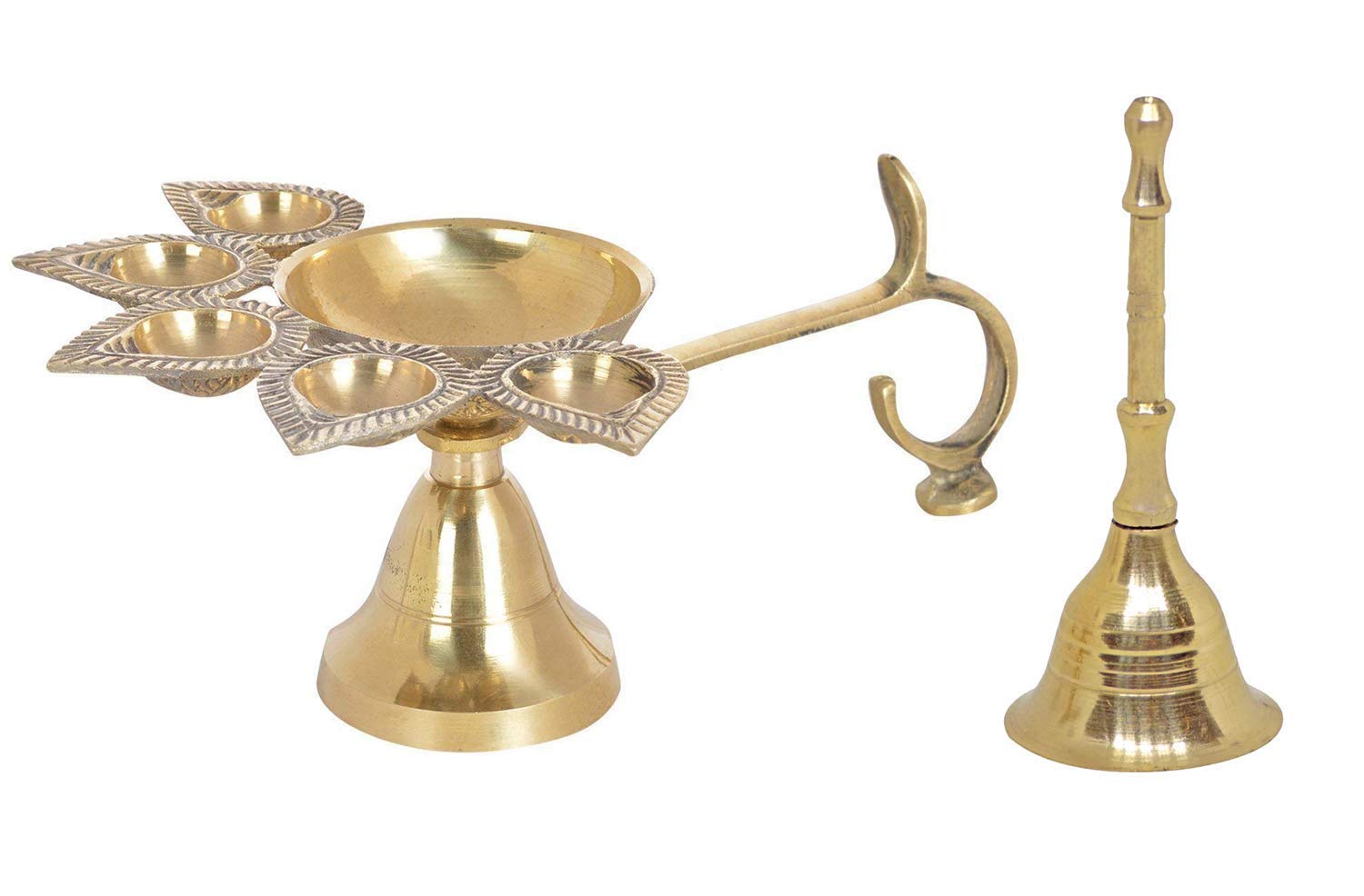 Confidence Combo of Pooja Articles 1 Panch Aarti and 1 Brass Made Hand Bell Ideal for Family and Friends |Golden 30 Gram