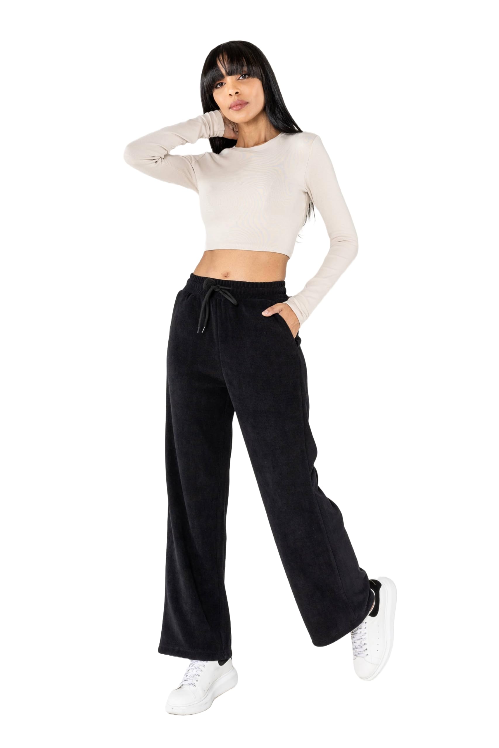 Nina Carter J253 Damen Freizeithose – Samtige Jogginghose Relaxed Fit Cordoptik Hose mit Elastischer Taillenbund und Weites Bein