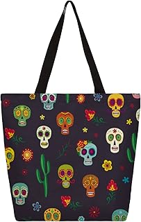 Sacola de lona feminina étnica com flor de crânio de açúcar grande bolsas para homens com bolsos sacolas de compras resistentes reutilizáveis sacolas de compras reutilizáveis, bolsa de ombro casual para escola, trabalho, praia, Multicor