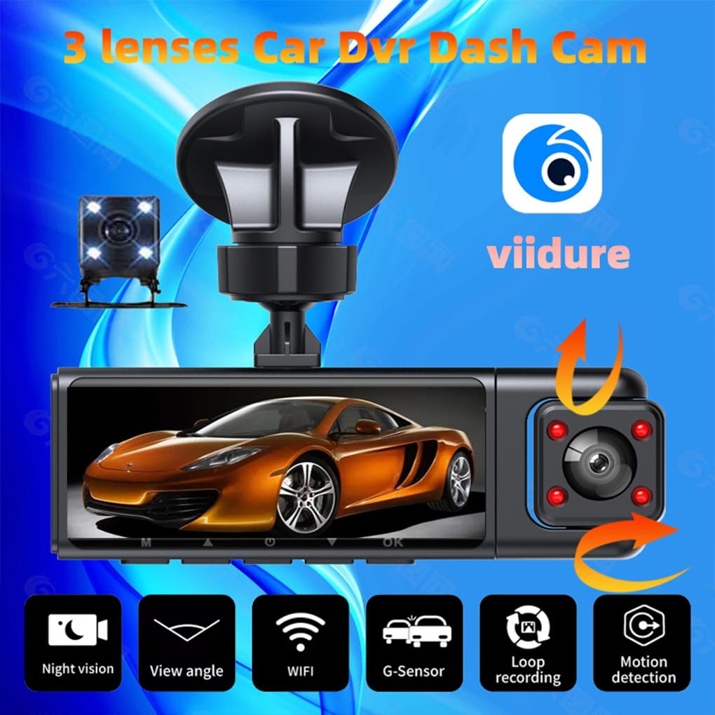 Telecamera interna anteriore e posteriore 1080P Registrazione HD per auto 3 telecamere Dash Cam Registrazione in loop Supporto APP per telefono Wi-Fi Schermo diviso