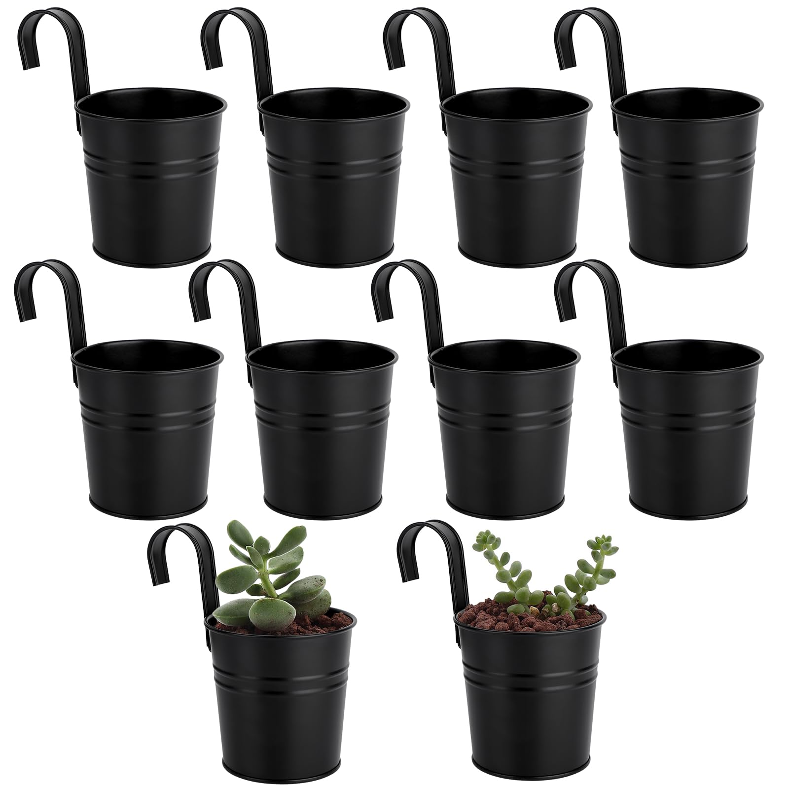 GREANER Black Hanging Railing Planter, 10 Packs Metal Bucket Fence Planter, Hanging Planters for Indoor Outdoor Plants, Fence Flower Pot Hangers for Farmhouse Balcony