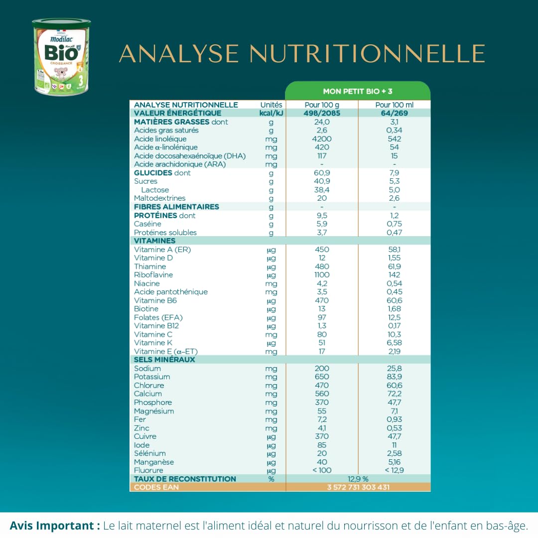 Modilac Latte in polvere per bambini Bio+ Crescita - Latte francese ricco di acidi grassi essenziali, certificato AB, prodotto in Francia senza olio di palma - 12-36 mesi - 800 g