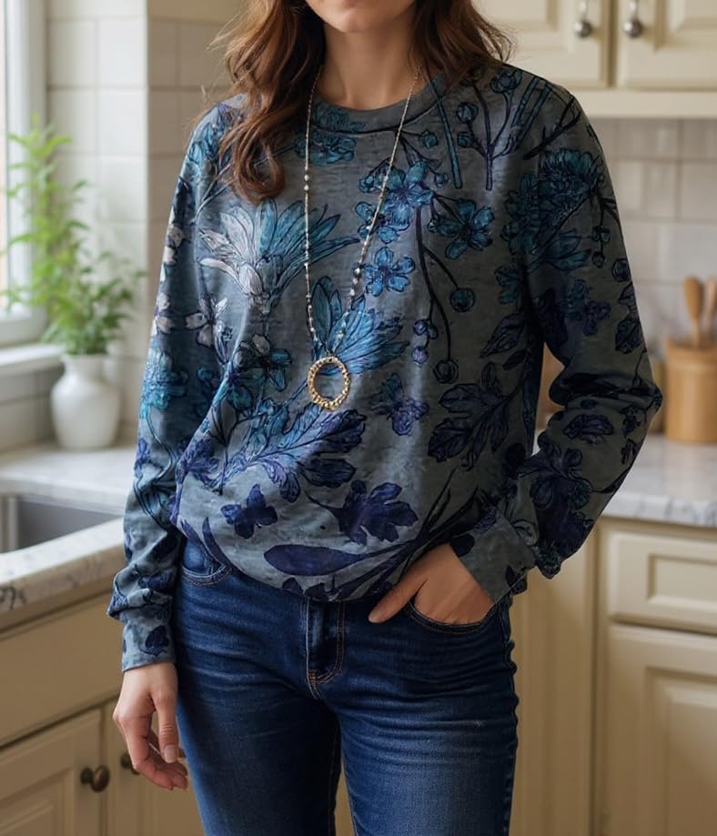 Womens Vintage Graphic Pullover Tunic Top Casual Loose Long Sleeve Crewneck Boho Sweatshirts - Image 2