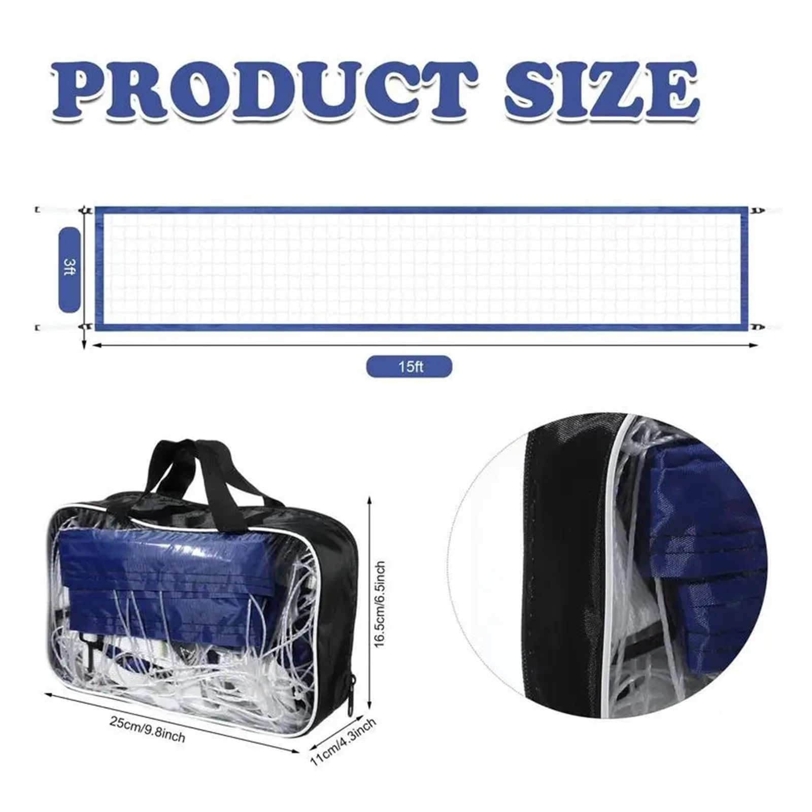 Filet de Volley-Ball Portable 15 x 3 Pieds avec Sac de Transport, Pliable, for entraînement, Piscine, Plage, pelouse pour Piscine