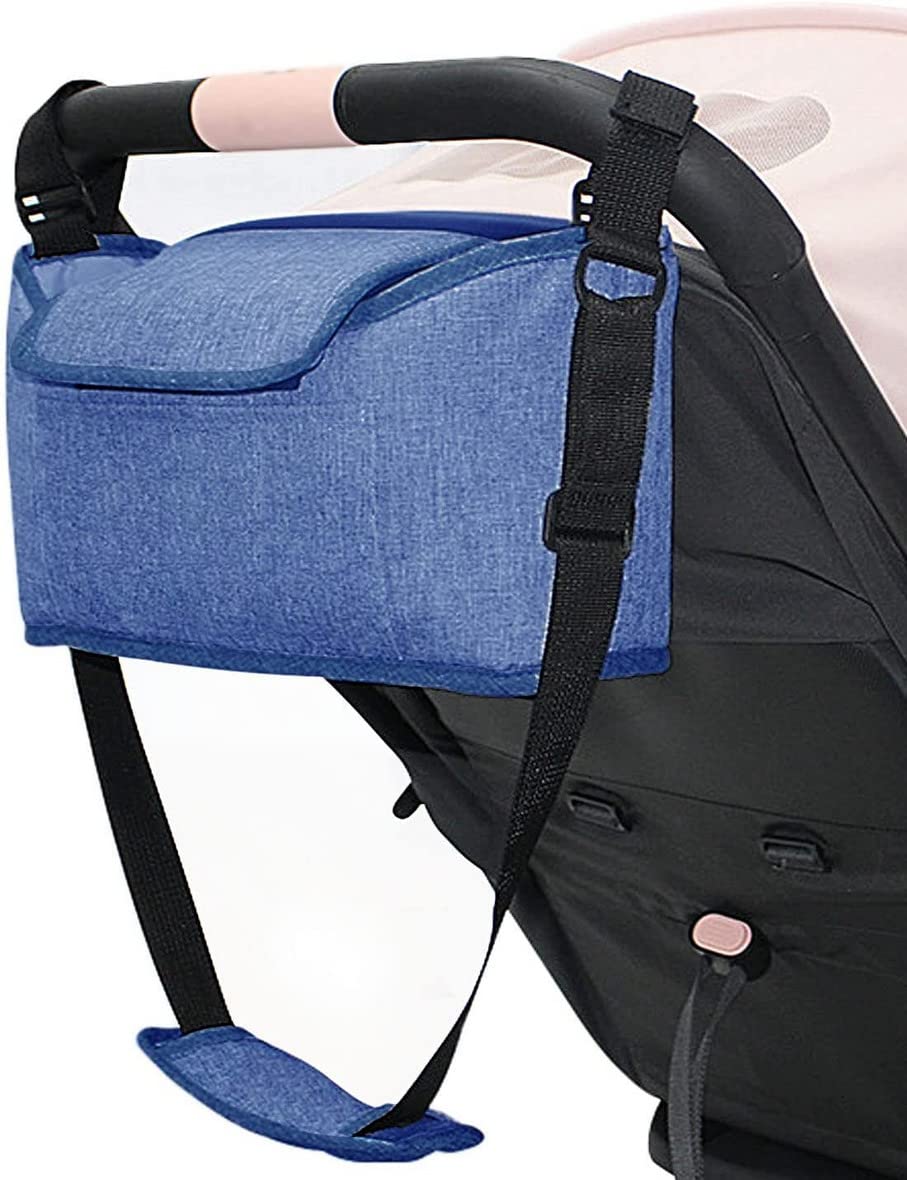 AOOPOO Stroller Organizer Pram Bag,Pram Buggy Organiser Bag Universal Baby Stroller Storage Bag Pushchair Organiser with Mobile Phone Pocket,Zipper Pocket,2 Cup Holders & Shoulder Strap (Blue)