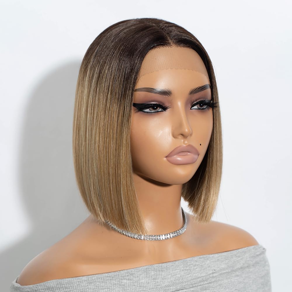 NOBLE Bob Perücken für Frauen Kurz T Teil HD Lace Front Perücken Ombre Braun Blond Synthetische Stumpf geschnitten Bob Lace Front Perücken für Party und Alltag 10 Zoll