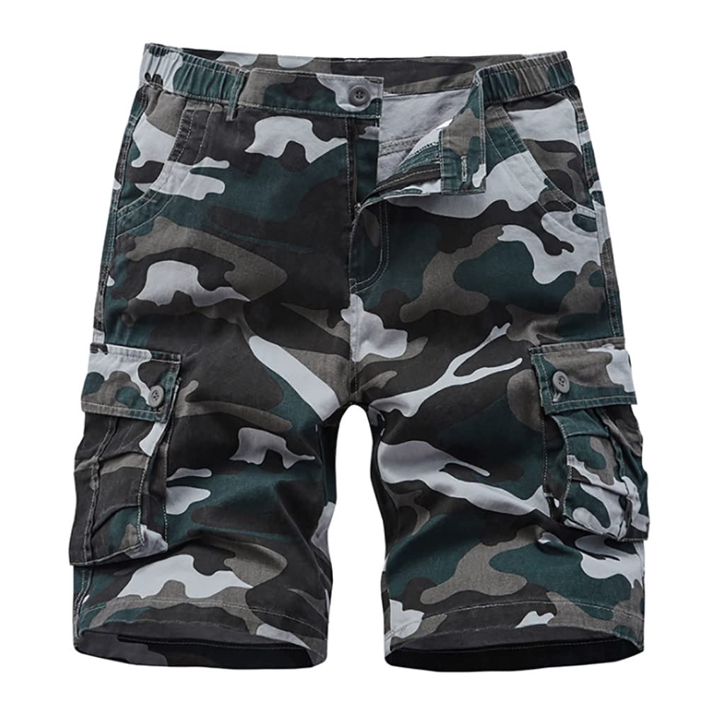Icker Men's Blue Multi-Pocket Cotton Shorts Camo Cargo Shorts Loose Fit Camouflage Short