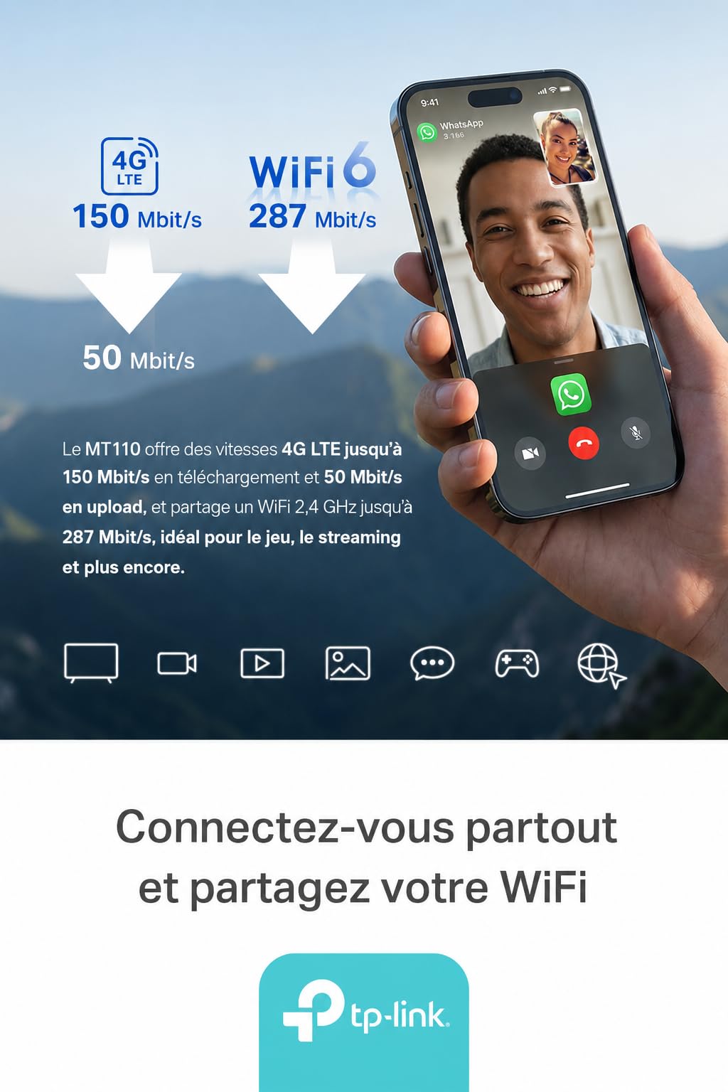 TP-Link Mercusys MT110 V2 Routeur WiFi 6 Portable 4G LTE, Cat4 150 Mbit/s, AX300 Double Bande, Batterie 2400 mAh, Hotspot Mobile jusqu'à 10 Appareils, Carte SIM, Voyage & Télétravail