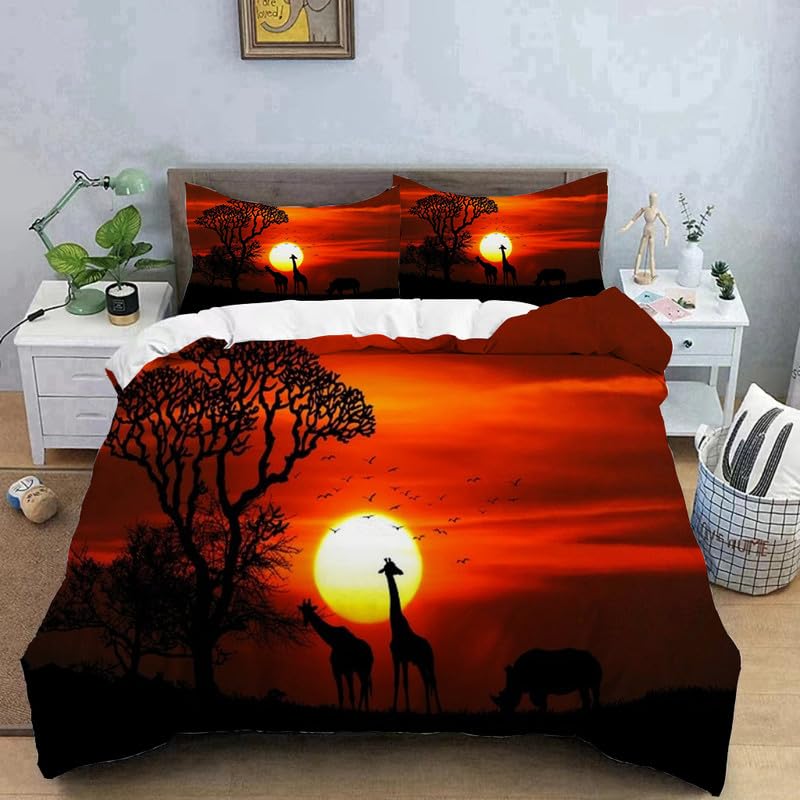 Parure de lit 240 x 260 microfibres housse de couette girafe orange et taies d'oreiller