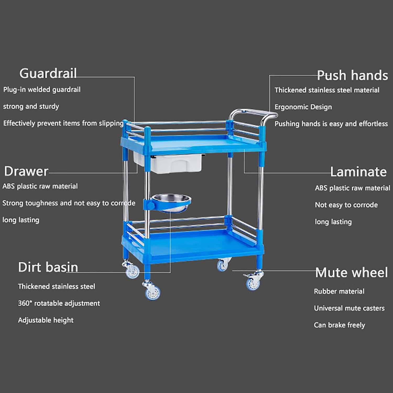 2 Tier Medical Trolley,Beauty Rolling Cart,Spacious Beauty Salon Rolling Trolley with Drawers Dirt Buckets 360°Rotate Wheels Heavy Duty Medical Utility Cart for Hospital Dental Clini, Salon Spa