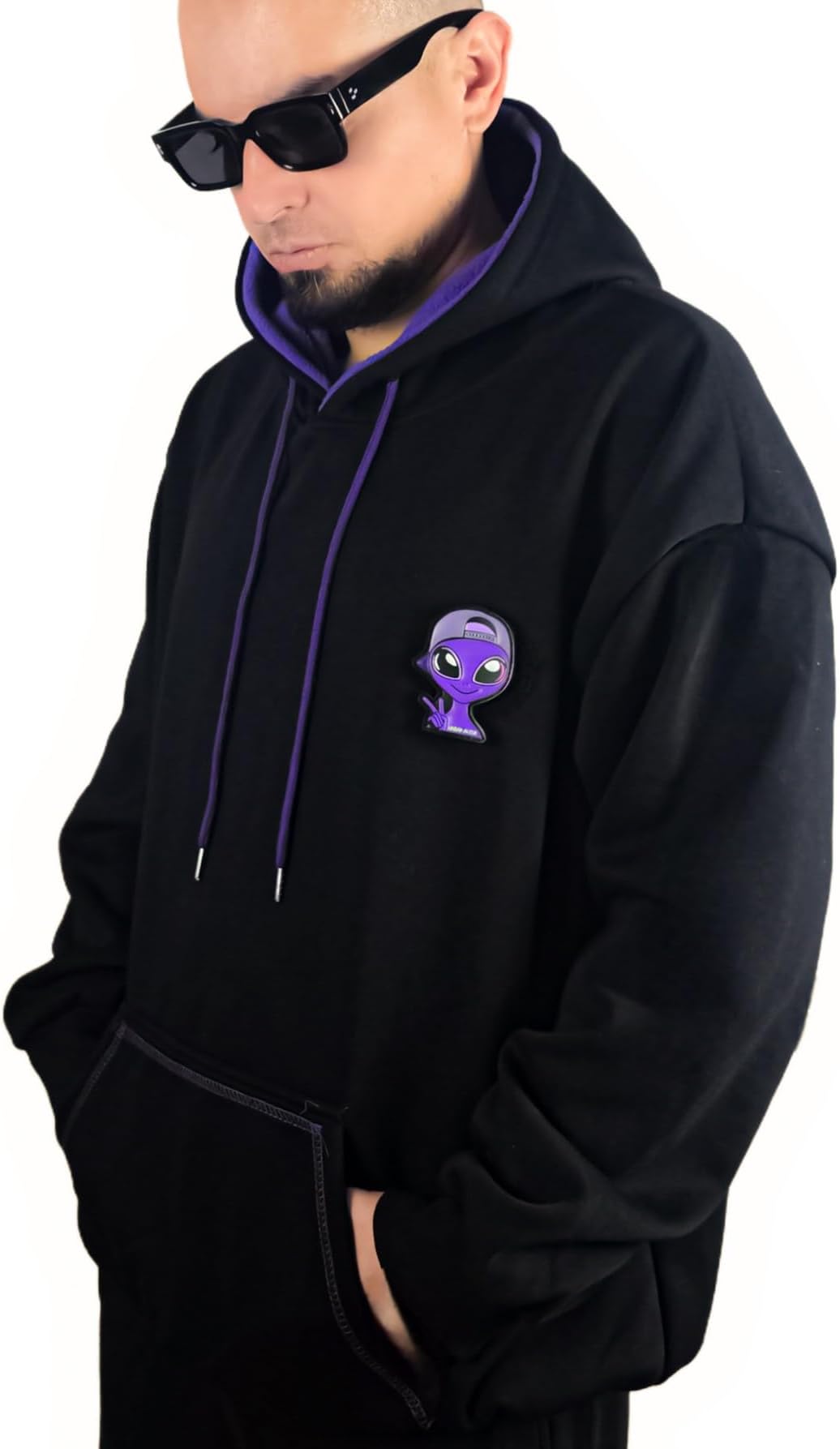 Men's Alien Black Pullover Hoodie - Fleece Lined Sweatshirt with Interchangeable Patch, Kangaroo Pocket.