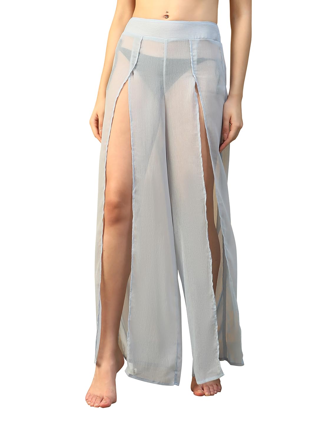 Women Solid Chiffon Beach Pants with Elastic Waist & Front Slit-image-48
