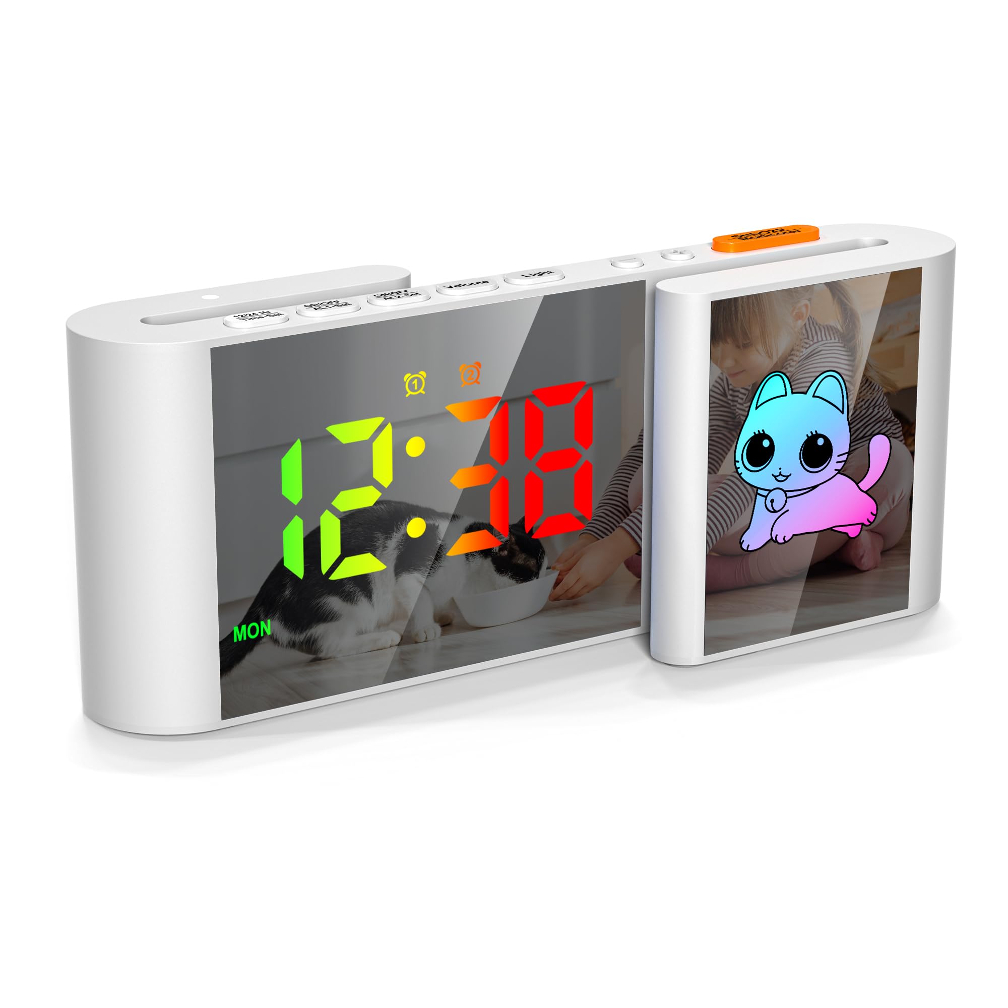 Sveglia RGB per Bambini - Schermo RGB con Luce Notturna a Disegno Animato - Doppia Allarme - Funzione Snooze - Regolatore di Volume - Visualizzazione della Settimana - Gatto Bianco