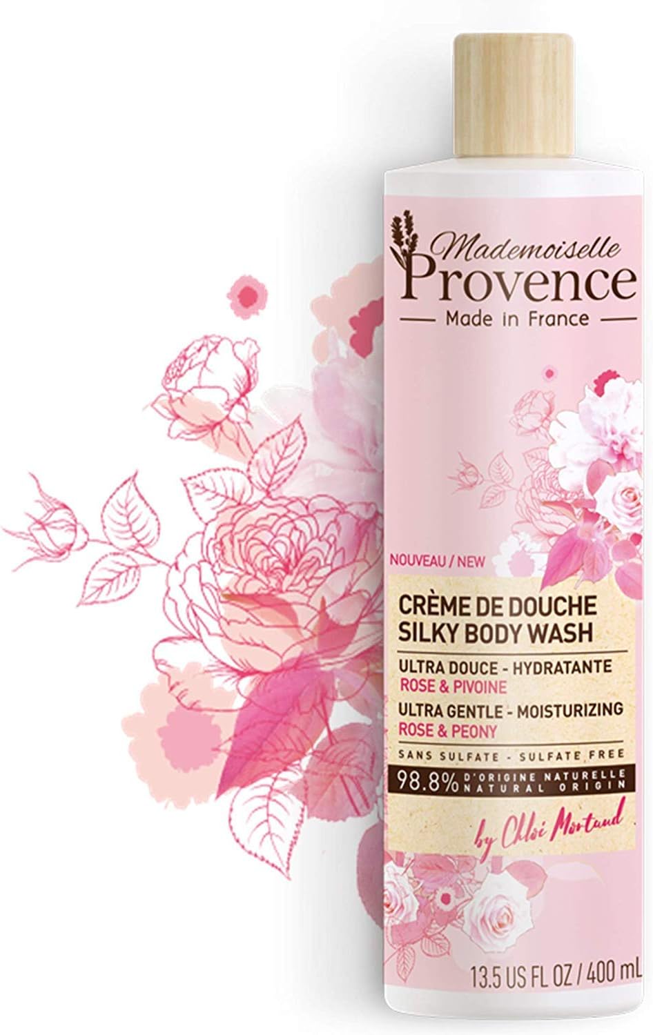 Mademoiselle Provence Natural Silky Peony & Organic Rose Creamy Body Wash, Sulfate Free Bath & Shower Cream, Ultra-Gentle Hydrating Vegan Formula, Cruelty Free, Made in France 13.5 fl oz