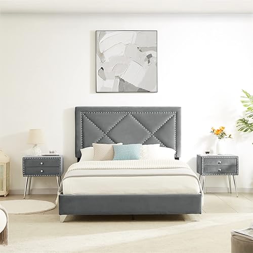 Juego de muebles de dormitorio de 3 piezas juego de cama tapizado de tamaño Queen con 2 mesitas de noche cama de plataforma de terciopelo con
