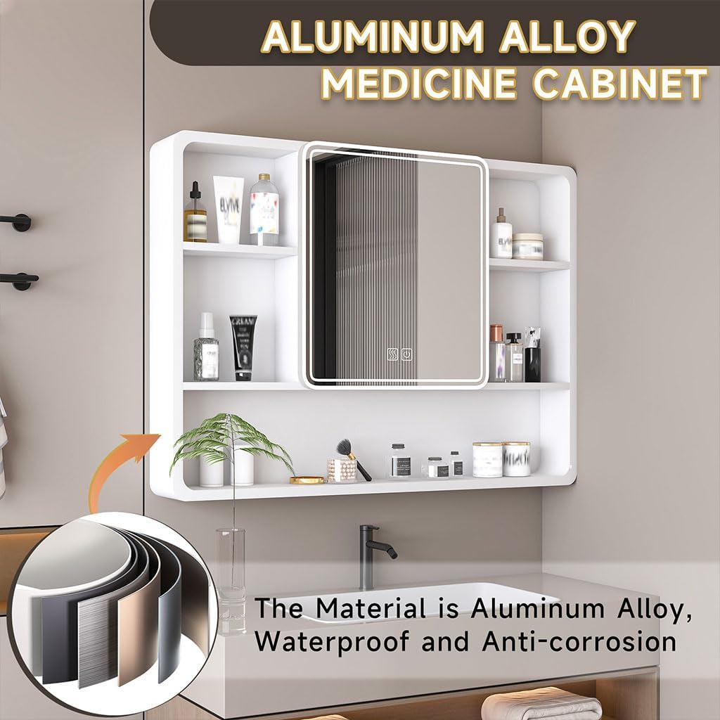 Bathroom Wall Cabinet, 35" x 28" Aluminium Medicine Cabinet Mirror with 3 Colors LED Light and Defogging Function,Over The Toilet Storage with Cosmetic Storage Rack and Hair Dryer Holder