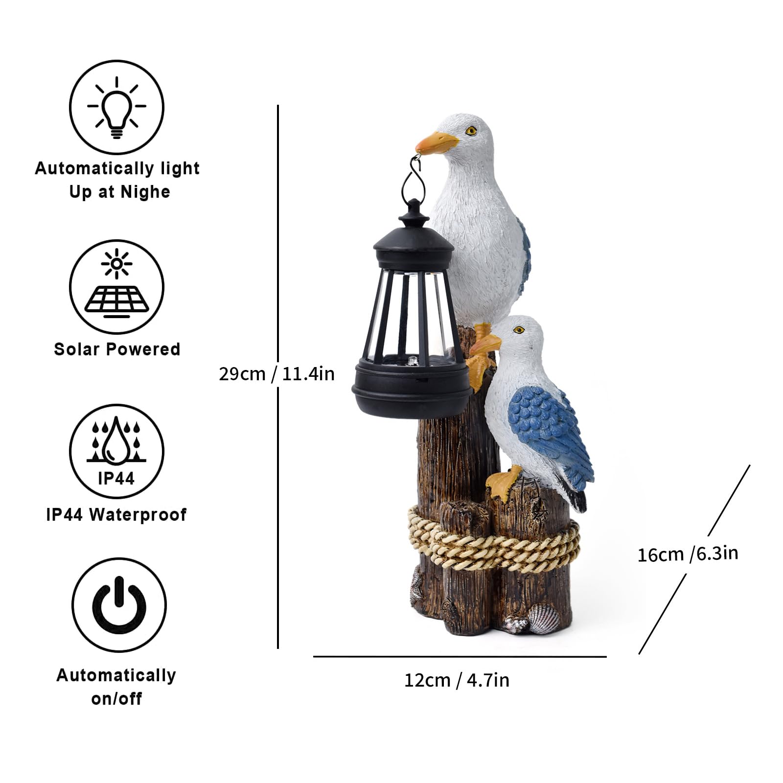 Statua solare da giardino a forma di gabbiano, lanterna a LED, impermeabile, decorazione da giardino, per esterni, balcone, terrazza, giardino, statua in resina, faro, decorazione marittima