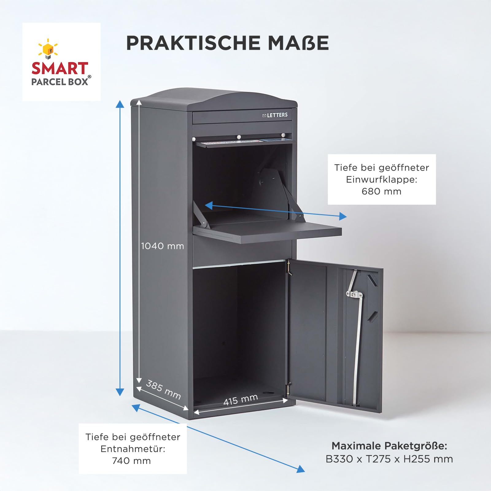 Smart Parcel Box Paketbox L mit Bogendach - Paketbriefkasten, grau | Standbriefkasten mit Paketfach, Paketbox draußen wetterfest, Front-Entnahme, verzinkter Stahl, rostfrei, pulverbeschichtet