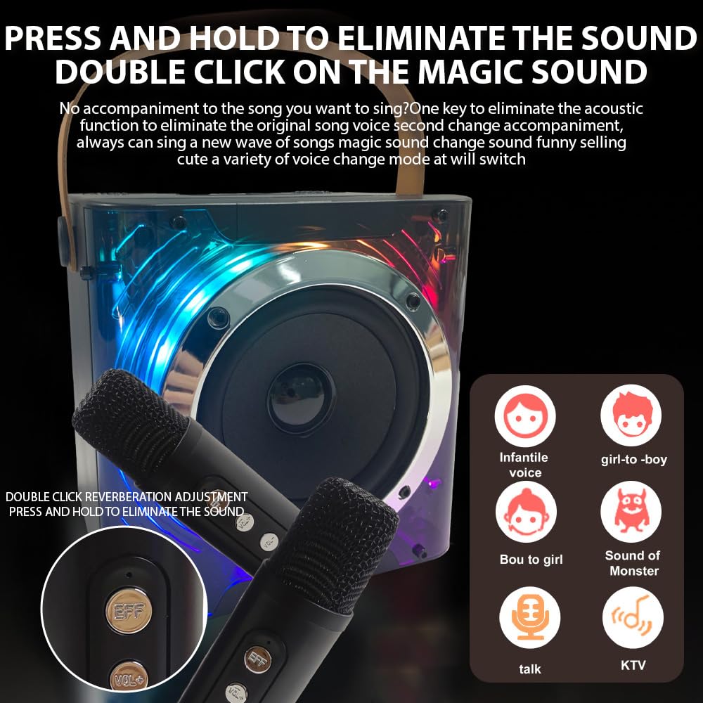 Macchina per Karaoke con 2 Microfoni Microfono BT e Altoparlante Set KTV con Effetti di Luce RGB Microfono Portatile Karaoke Portatile Leggero Regali per Compleanni Feste in Casa all'aperto
