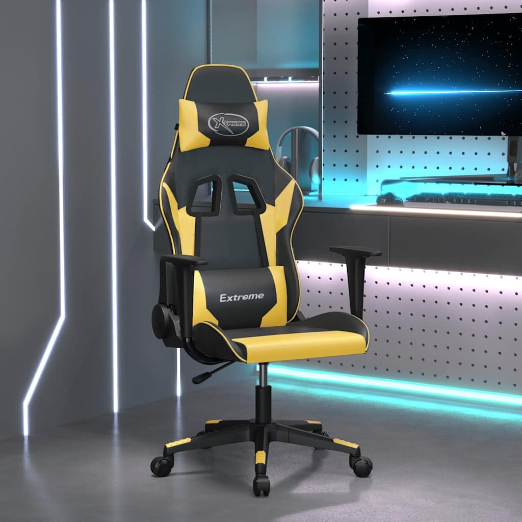 Gaming-Stuhl Schwarz und Gold Kunstleder Ergonomisch mit Wippfunktion und Lenden Nacken Kissen für Esport Homeoffice Jugend PC Setup