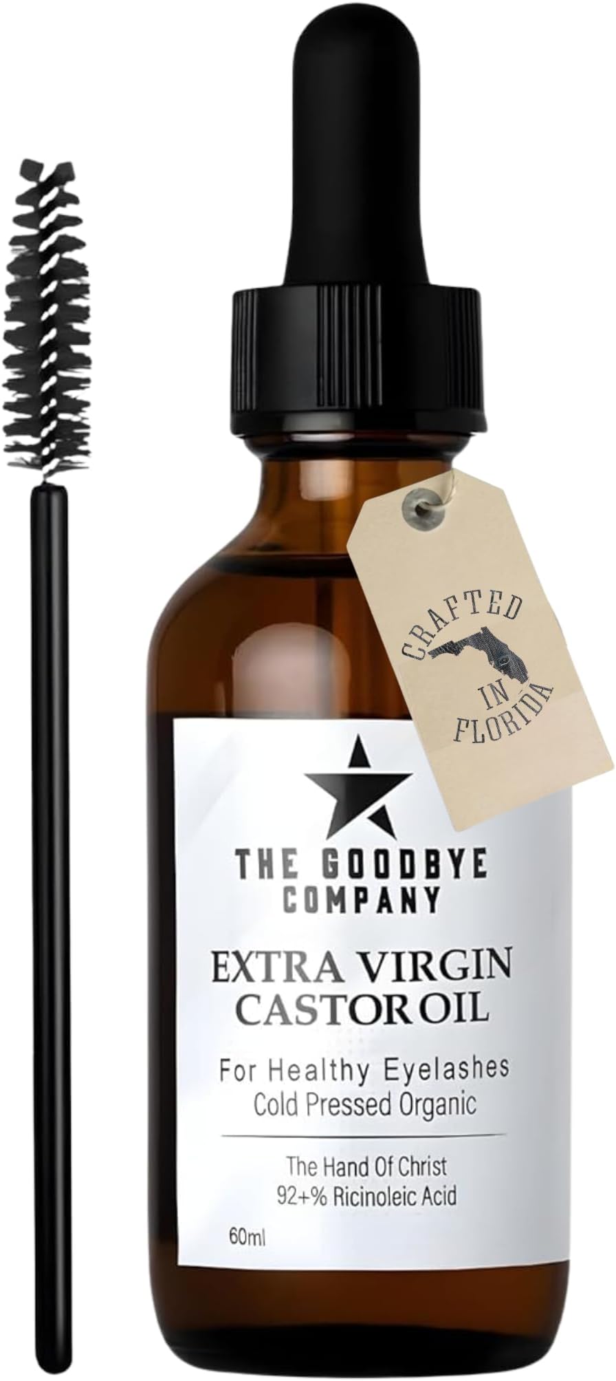 The Goodbye Company USDA Organic Castor Oil for Eyelashes and Eyebrows Growth, 100% Pure Cold-Pressed, Hexane-Free 60ml with Applicator, Handcrafted in Florida for Hair, Skin & Lashes