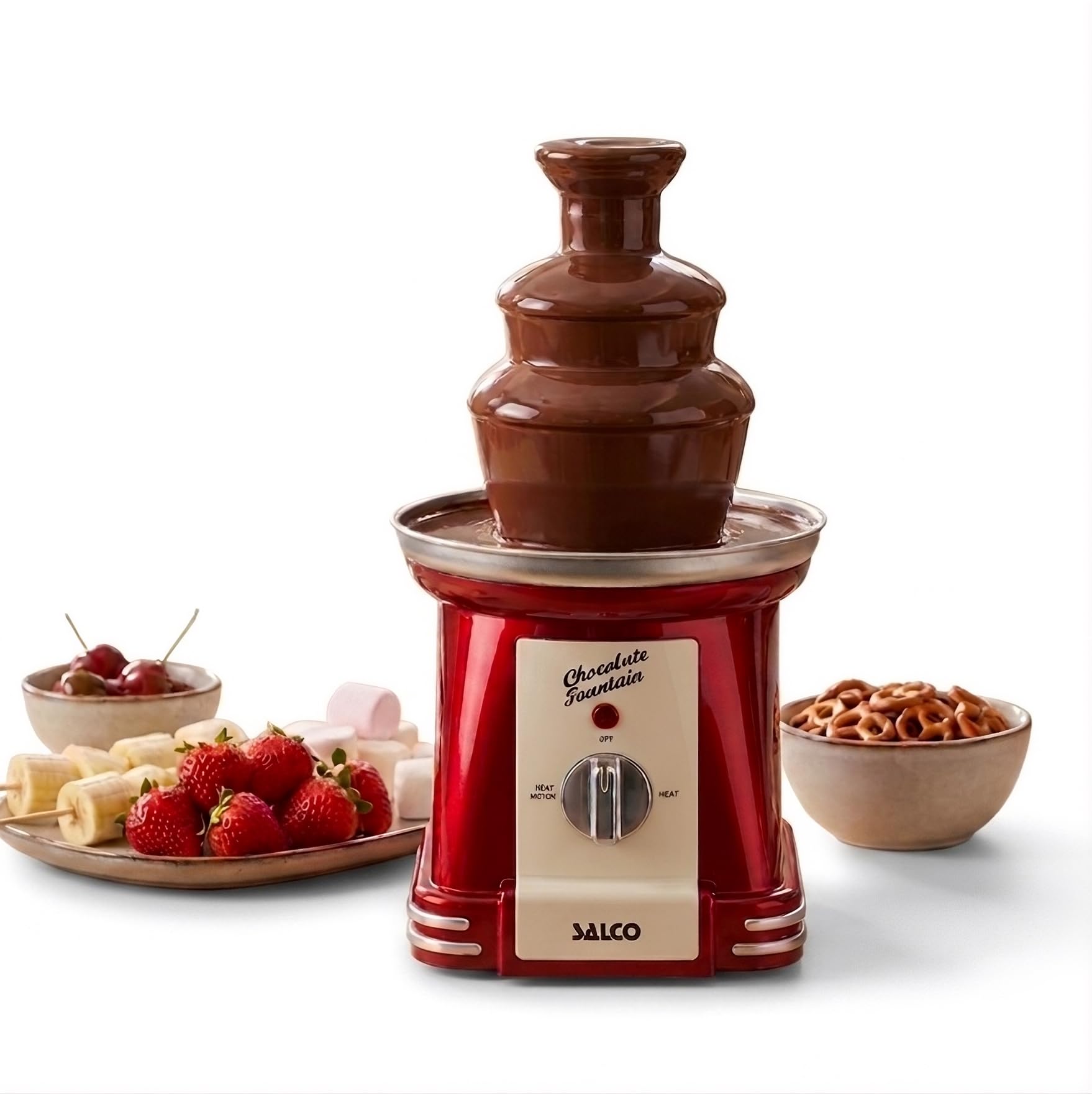 Salco Schokobrunnen | 3-stufiger Chocolate Fountain | Retro-Style | Edelstahl | Mit Wendelschnecke | 90 Watt | Perfekt für Früchte, Kekse & mehr | Leichte Reinigung | Metallic-Rot