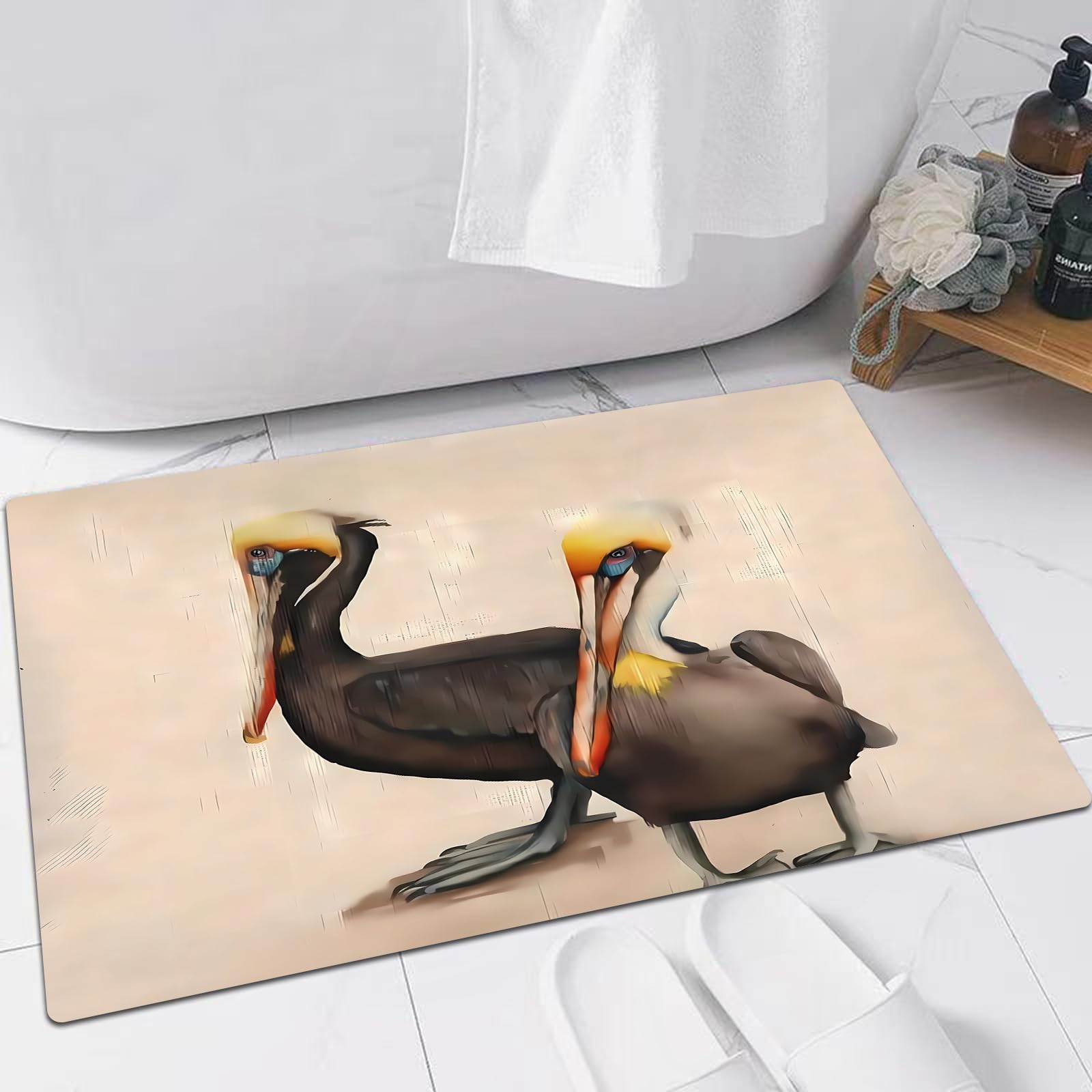 EMFSLA Bath Mat 16x24 in,two mature brown pelicans parallel to each other on pilings sticking out of the wa,Non-Slip Bathroom Mat Machine-Washable,Ultra Soft and Water Absorbent Bath Rug for Bathroom