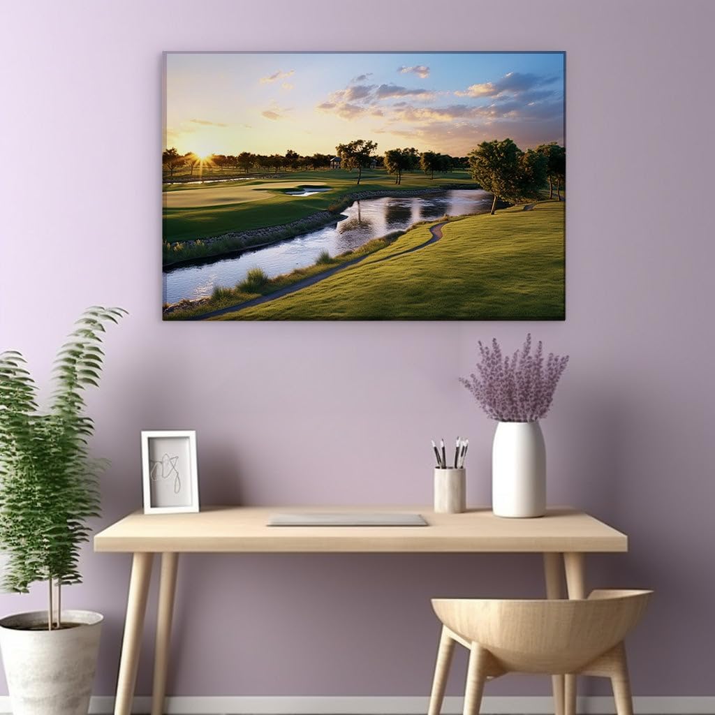 Canvas for Living Room. Sunset Serenity on The Fairway - Where Water Meanders and Warmth Embraces The Green, 27 x 18 inch Canvas Wall Art - Contemporary Masterpieces - Modern Home Decor