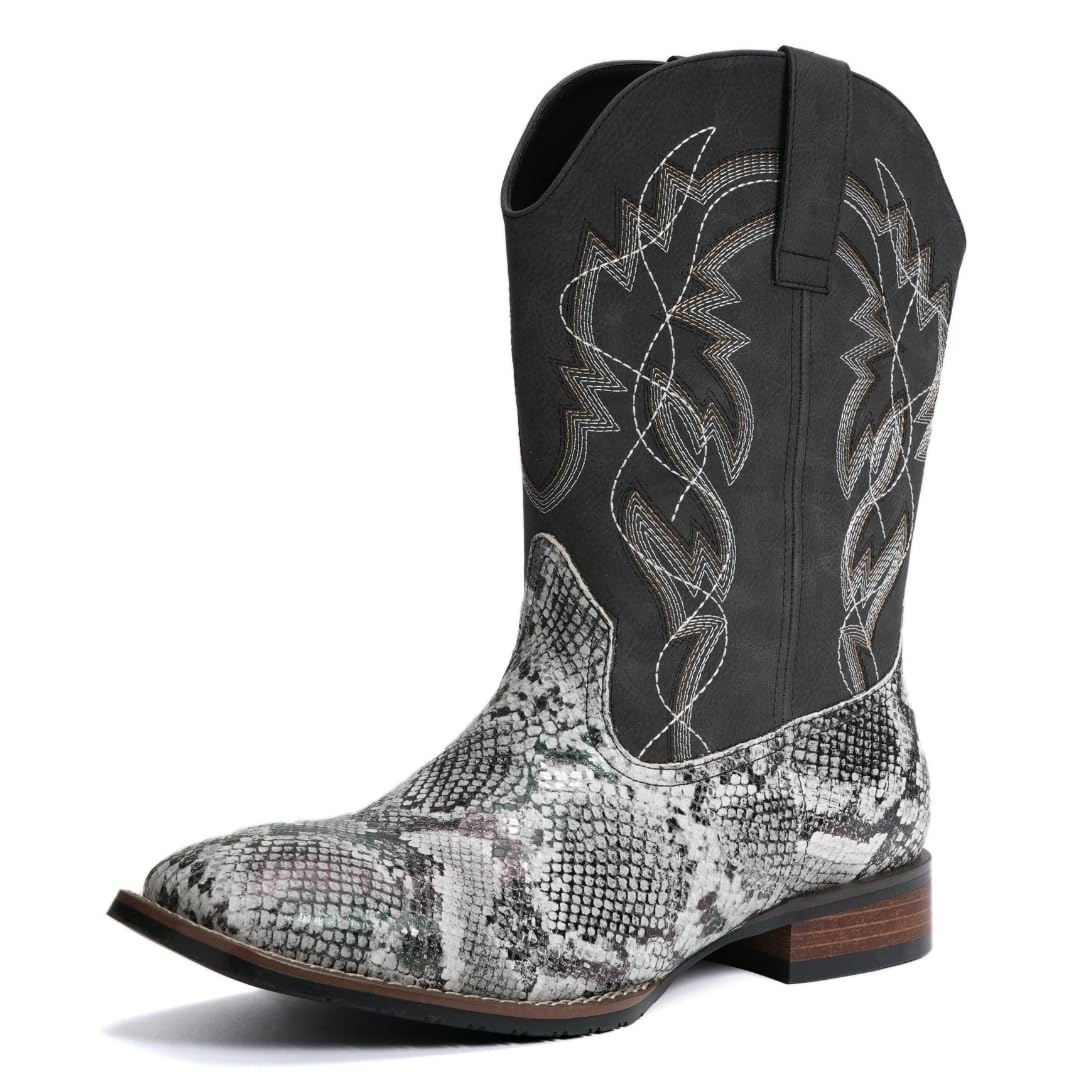 Hawecobo Men's Faux snake skin square toe cowboy boots and southwest embroidered calf anti slip westernpython patterned boots