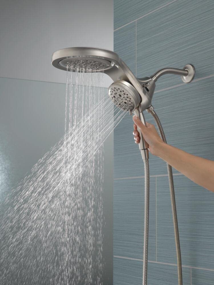 Delta Faucet HydroRain 58680-SS-PR25 Cabezal de ducha doble H2Okinetic de 5 pulverizaciones con rociador de mano y manguera, níquel cepillado, caudal de 9,5 l/min, acero inoxidable Lumicoat