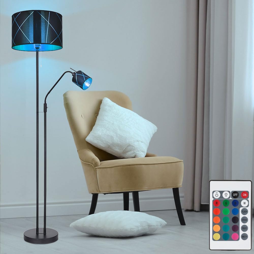 LED Stehleuchte mit Leselampe Deckenfluter dimmbar mit Fernbedienung, RGB Farbwechsel, Metall Textil schwarz gold, Leseleuchte flexibel, 1x 8,5W 806lm 1x 4,8W 470lm warmweiß, DxH 40x175 cm