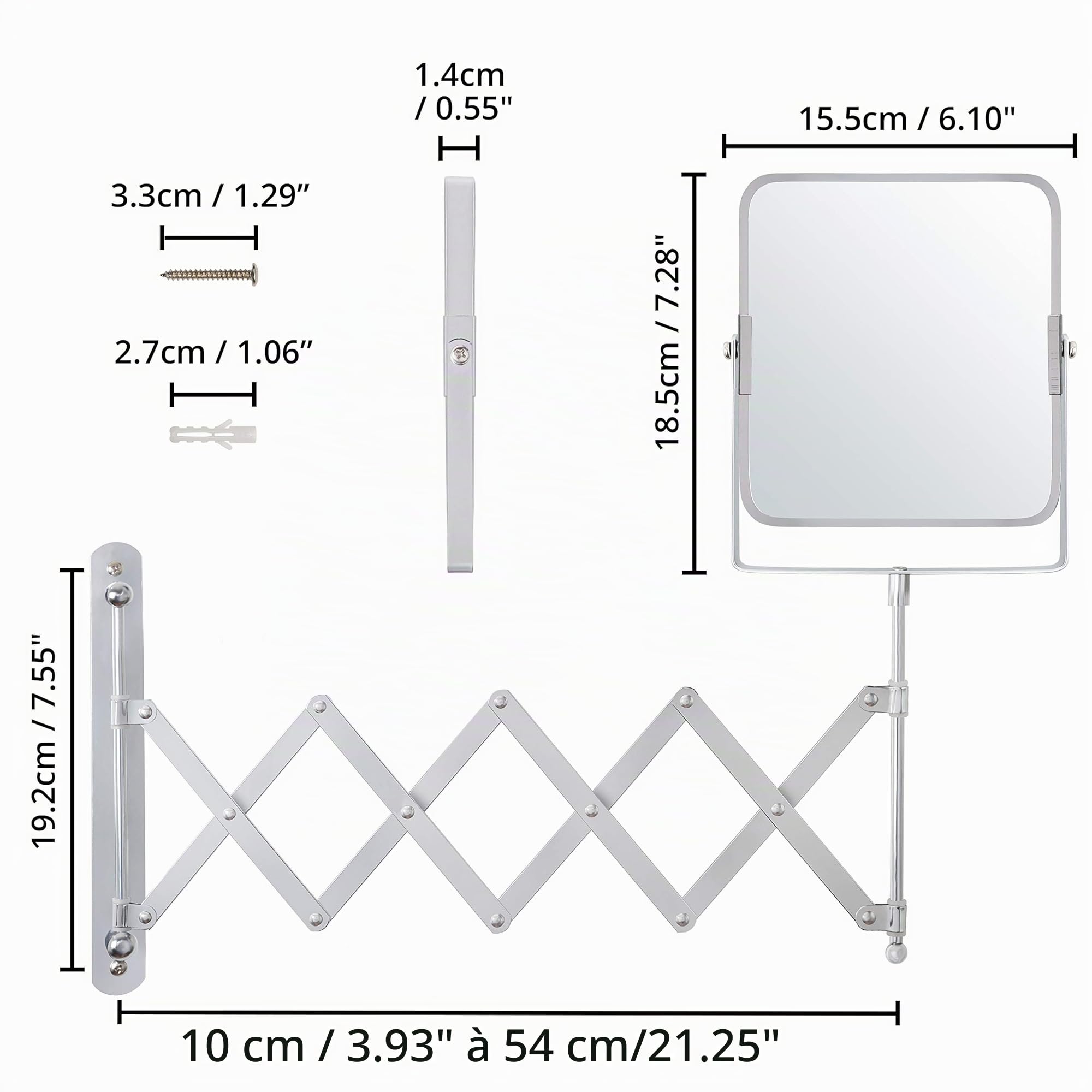 BELLE VOUS Miroir Telescopique 360 ° Chrome - Miroir Grossissant Salle de Bain (3X) - 15,5 x 18,5 cm - Miroir Maquillage Mural Rotatif Double Face en Acier Inoxydable - Idéal pour Le Rasage