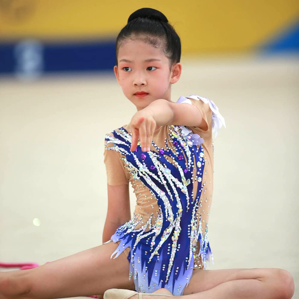 LIUHUO Body da ginnastica ritmica con stampa viola girocollo mezze maniche strass brillanti prestazioni da competizione ragazze