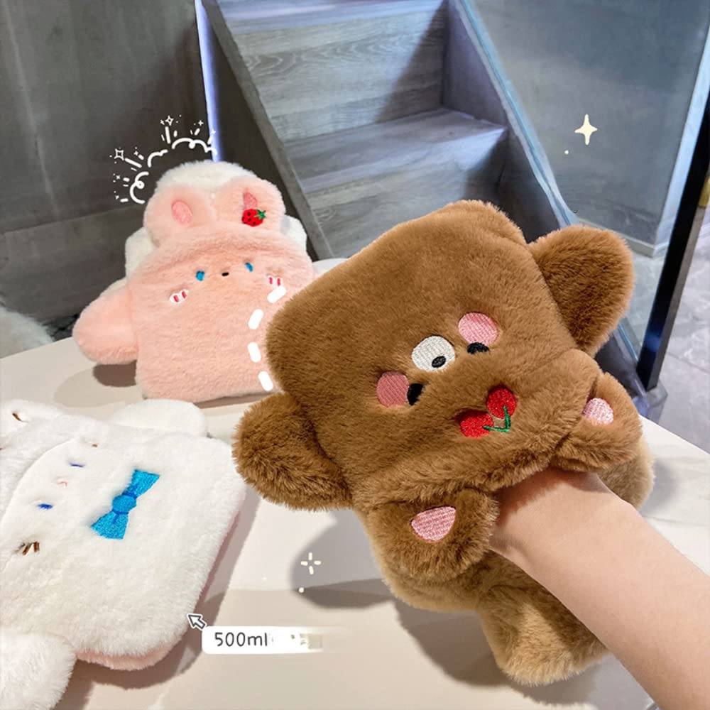 Rubber Hot Water Bag with Cozy Fuzzy Cover, Soft Plush Cute Animal Pattern Hand Feet Warmer Bag, Kawaii Menstruation Period Heated Purse for Cold Winter (White)