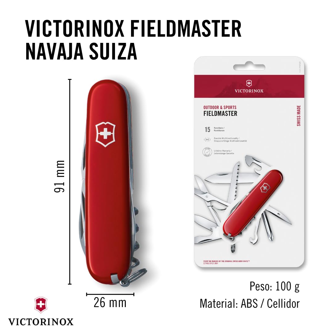 Victorinox Navaja suiza de bolsillo Fieldmaster, 15 funciones, Hecha en Suiza, multiherramienta con gancho multiusos, abrelatas, tijeras, rojo