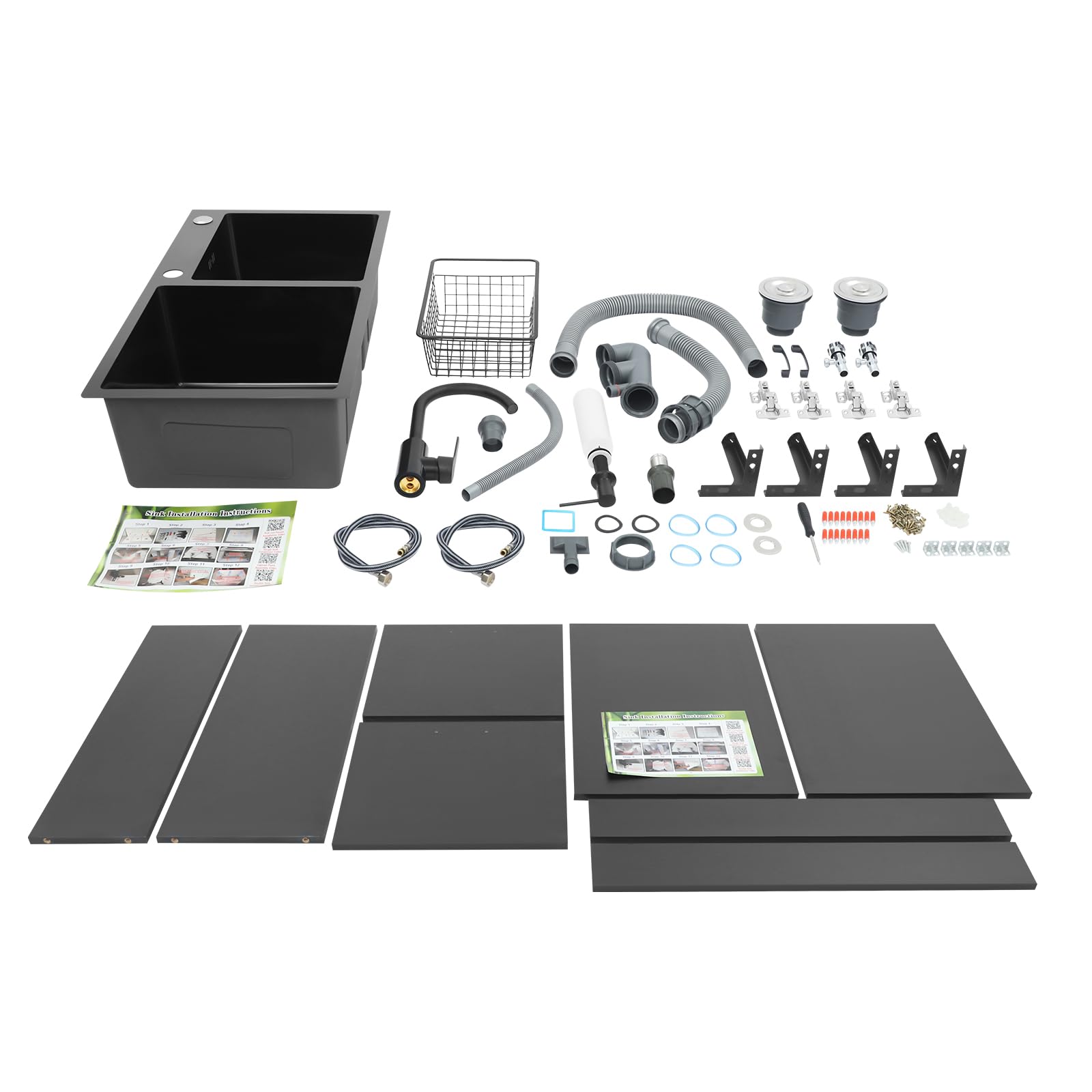 Lavello da cucina autoportante con base e rubinetto, in acciaio inox con 2 vasche scolapiatti e scarico, per cucina, giardino, esterno, officina, lavanderia, campeggio (nero)