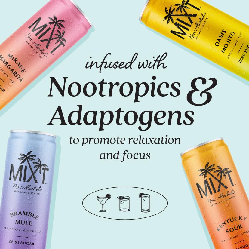 MIXT Premium Sparkling Non-Alcoholic Sparkling Cocktail - Oasis Mojito – Zero Sugar, Ready to Drink, Adaptogens, Nootropics, 2g of carbs or less, Low Calorie, 12oz Cans (Pack of 4)